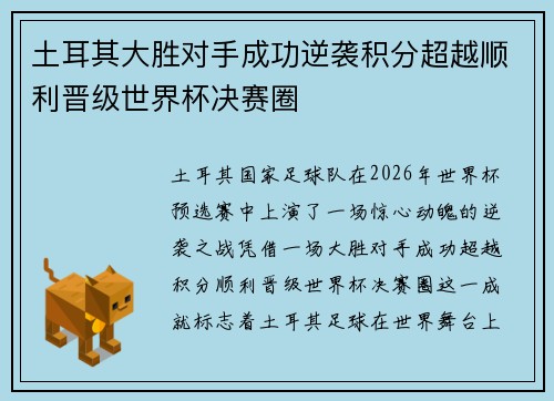 土耳其大胜对手成功逆袭积分超越顺利晋级世界杯决赛圈