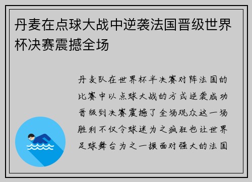 丹麦在点球大战中逆袭法国晋级世界杯决赛震撼全场