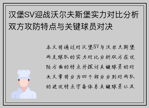 汉堡SV迎战沃尔夫斯堡实力对比分析双方攻防特点与关键球员对决