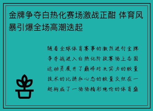 金牌争夺白热化赛场激战正酣 体育风暴引爆全场高潮迭起