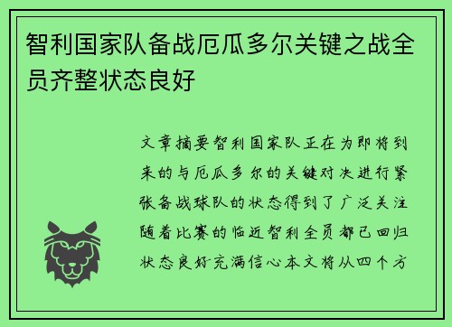 智利国家队备战厄瓜多尔关键之战全员齐整状态良好